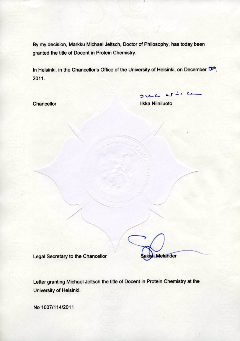 Certificate for the title of Adjunct professor